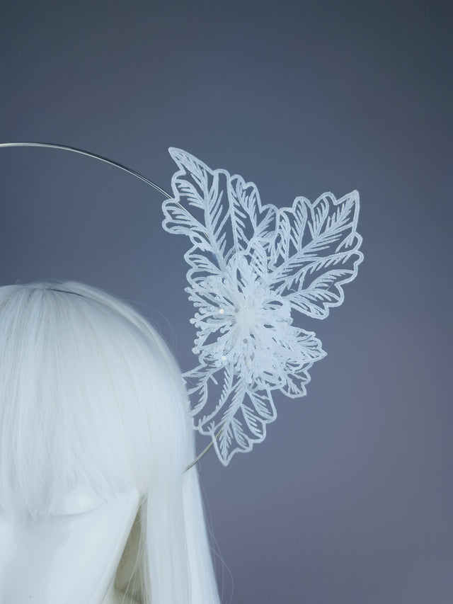 Pearls & Swine: White Glitter Flower Halo Headdress "Ice"