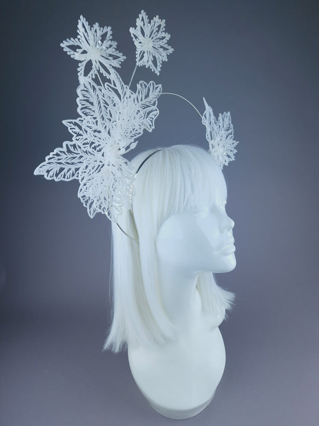 Pearls & Swine: White Glitter Flower Halo Headdress "Ice"