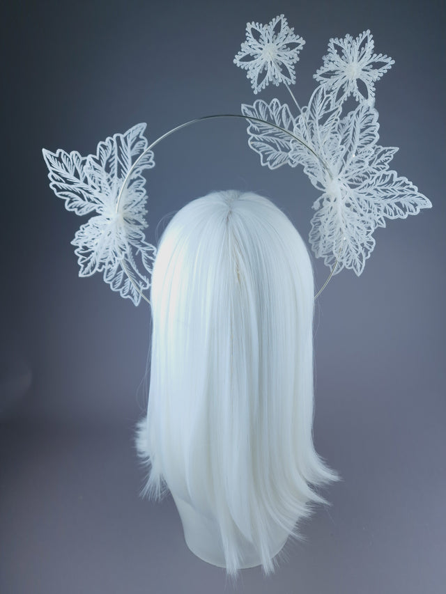 Pearls & Swine: White Glitter Flower Halo Headdress "Ice"