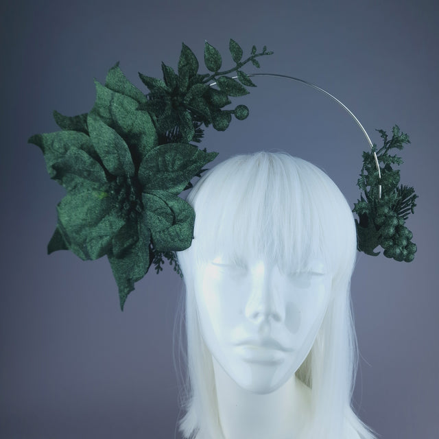 Pearls & Swine: Dark Green Glitter Flower Halo Headdress "Depths"