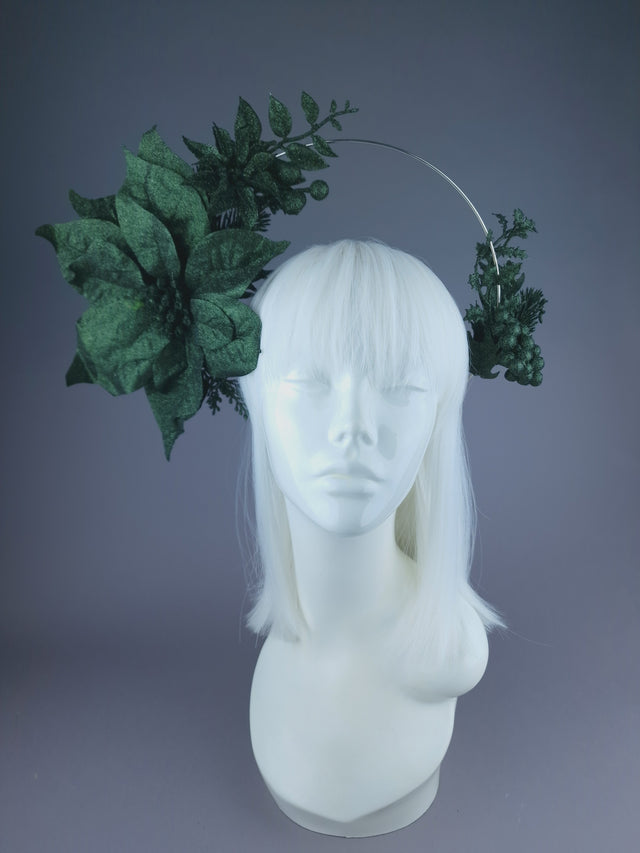 Pearls & Swine: Dark Green Glitter Flower Halo Headdress "Depths"