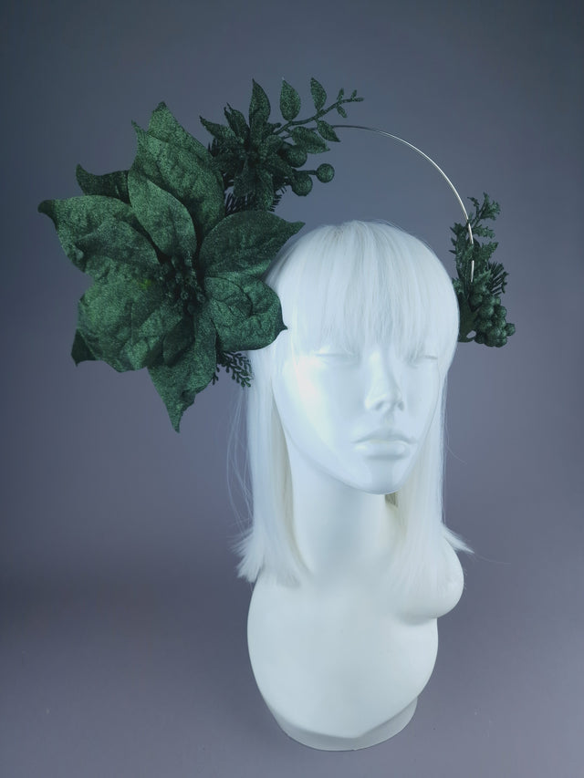 Pearls & Swine: Dark Green Glitter Flower Halo Headdress "Depths"