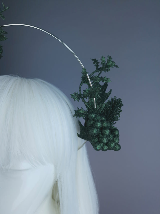Pearls & Swine: Dark Green Glitter Flower Halo Headdress "Depths"