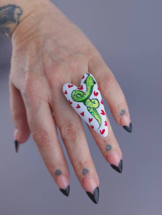 Pearls & Swine: Large Hand Painted Heart Snake Ring
