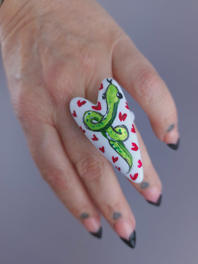 Pearls & Swine: Large Hand Painted Heart Snake Ring