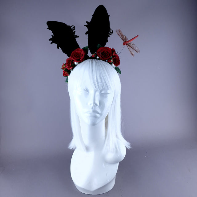 "Bunni" Black Bunny Rabbit Ears with Red Roses & Pearls Headpiece