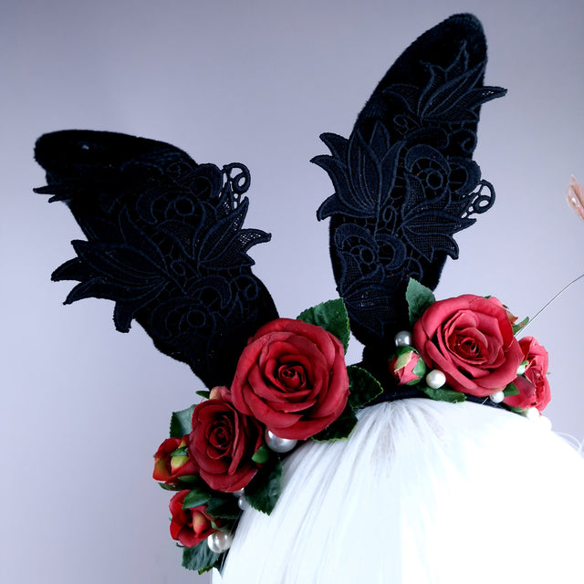 "Bunni" Black Bunny Rabbit Ears with Red Roses & Pearls Headpiece
