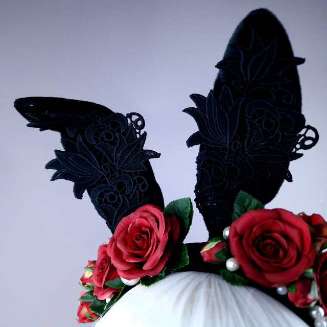 "Bunni" Black Bunny Rabbit Ears with Red Roses & Pearls Headpiece