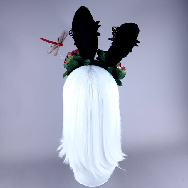 "Bunni" Black Bunny Rabbit Ears with Red Roses & Pearls Headpiece