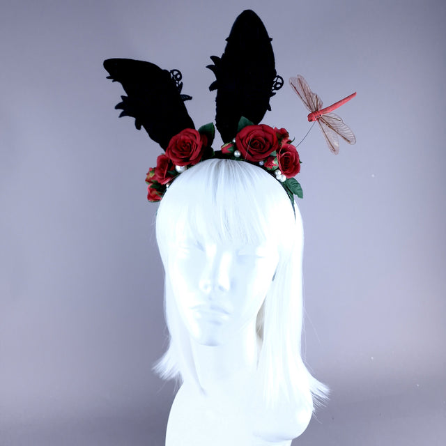 "Bunni" Black Bunny Rabbit Ears with Red Roses & Pearls Headpiece
