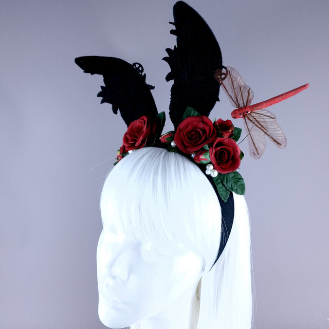 "Bunni" Black Bunny Rabbit Ears with Red Roses & Pearls Headpiece