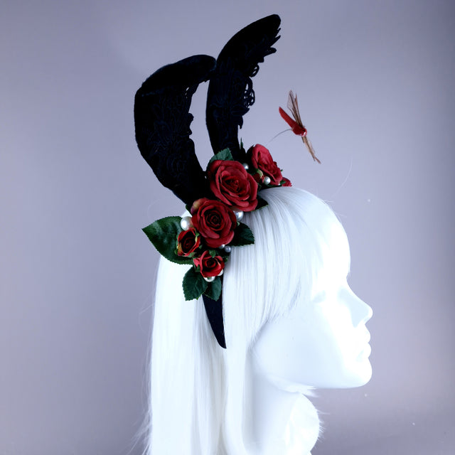 "Bunni" Black Bunny Rabbit Ears with Red Roses & Pearls Headpiece
