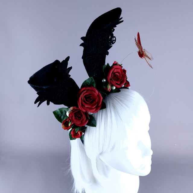 "Bunni" Black Bunny Rabbit Ears with Red Roses & Pearls Headpiece