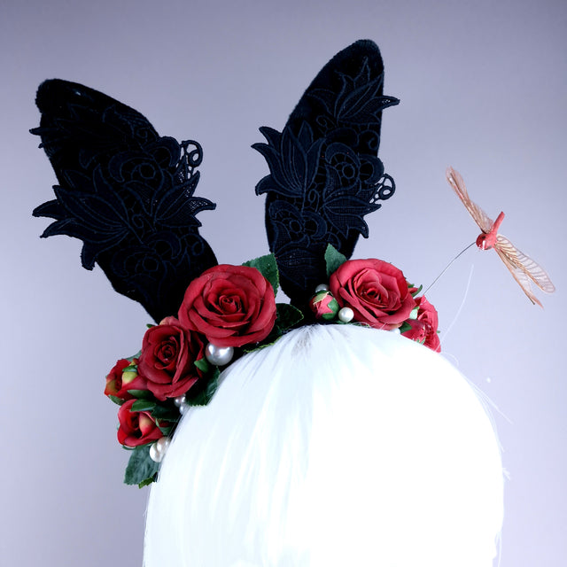 "Bunni" Black Bunny Rabbit Ears with Red Roses & Pearls Headpiece
