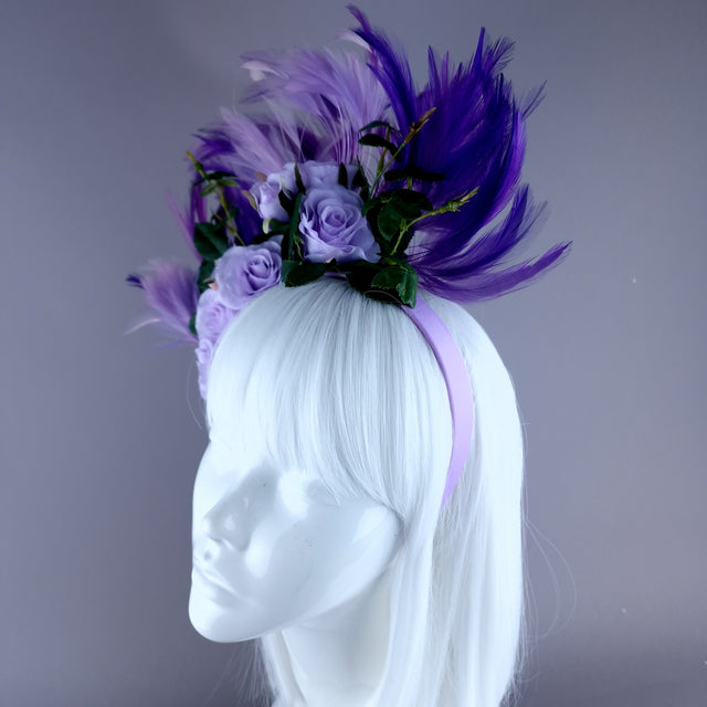 "Aniela" Purple Rose & Feather Headdress