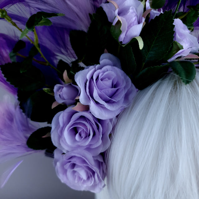 "Aniela" Purple Rose & Feather Headdress
