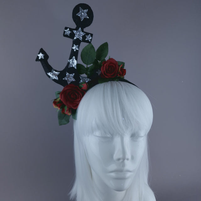 "Umiko" Black Anchor with Red Roses Headpiece