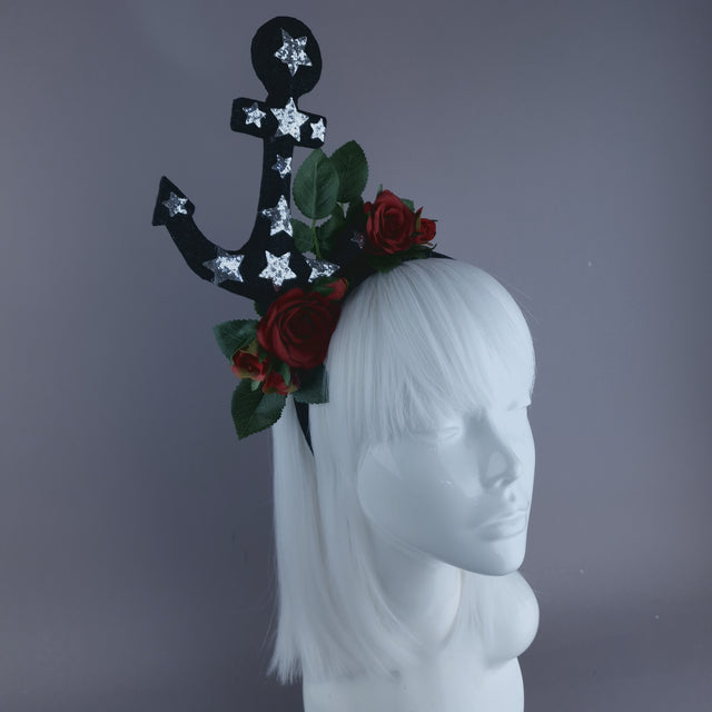 "Umiko" Black Anchor with Red Roses Headpiece