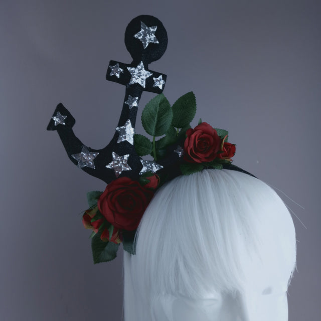 "Umiko" Black Anchor with Red Roses Headpiece