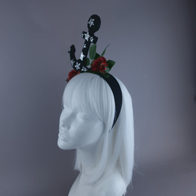 "Umiko" Black Anchor with Red Roses Headpiece