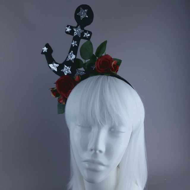 "Umiko" Black Anchor with Red Roses Headpiece