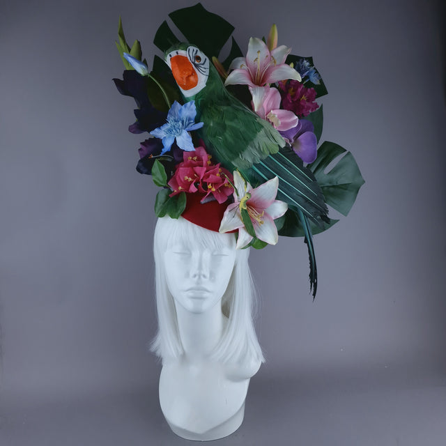 "Isla" Colourful Parrot, Flower & Tropical Leaf Fascinator Hat