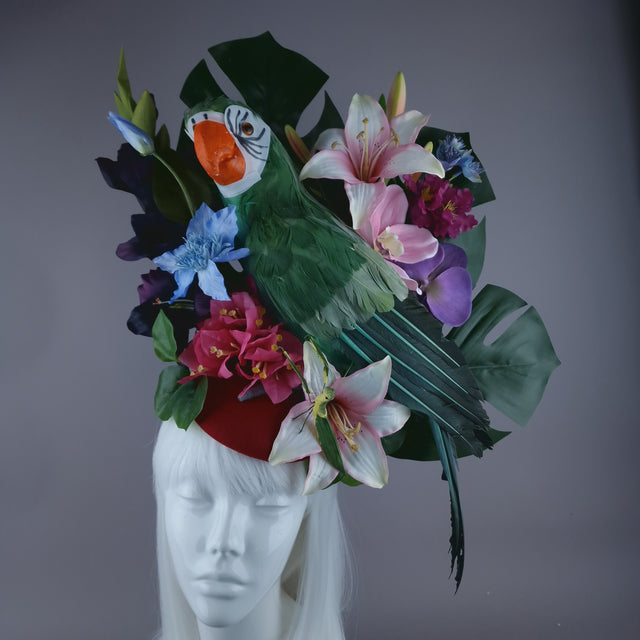 "Isla" Colourful Parrot, Flower & Tropical Leaf Fascinator Hat