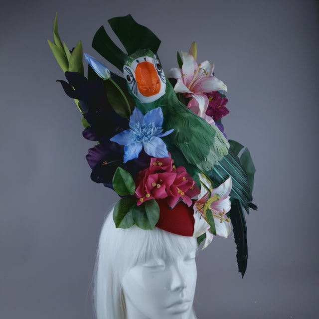 "Isla" Colourful Parrot, Flower & Tropical Leaf Fascinator Hat