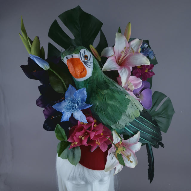 "Isla" Colourful Parrot, Flower & Tropical Leaf Fascinator Hat