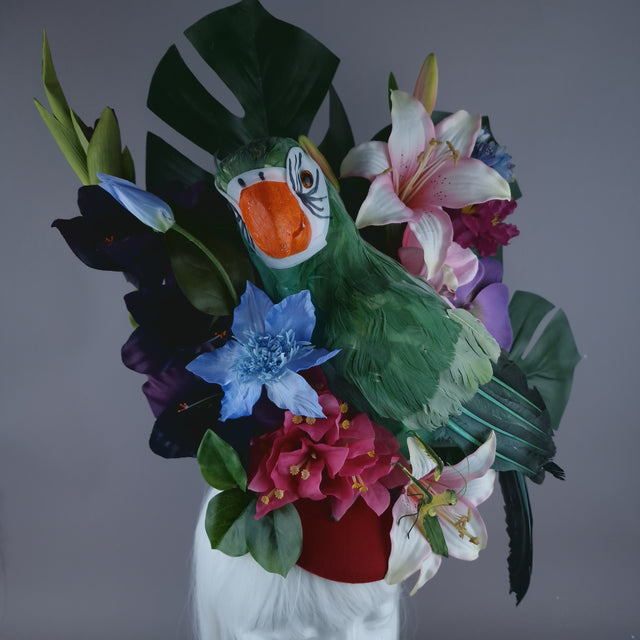"Isla" Colourful Parrot, Flower & Tropical Leaf Fascinator Hat