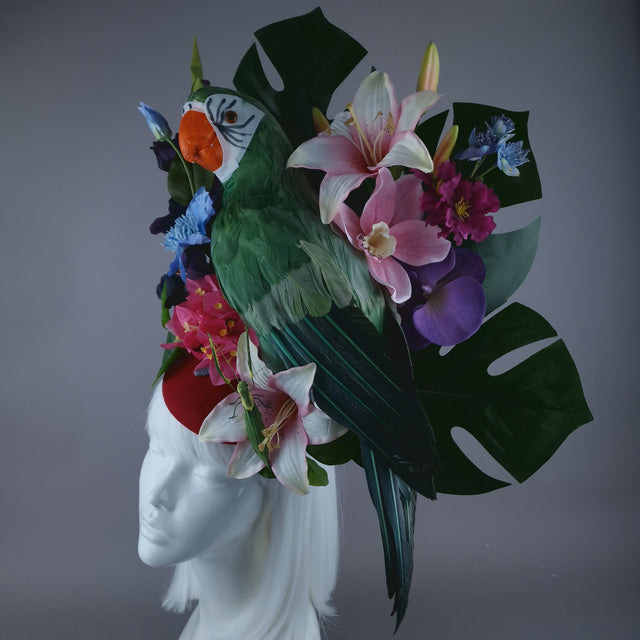 "Isla" Colourful Parrot, Flower & Tropical Leaf Fascinator Hat