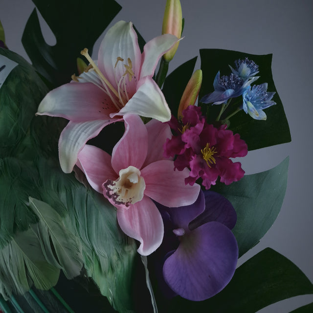 "Isla" Colourful Parrot, Flower & Tropical Leaf Fascinator Hat