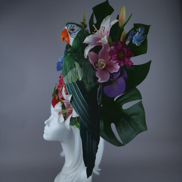 "Isla" Colourful Parrot, Flower & Tropical Leaf Fascinator Hat