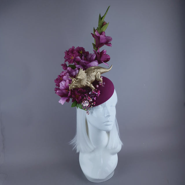 "Trinny" Gold Dinosaur, Pink Flowers & Beads Fascinator Hat