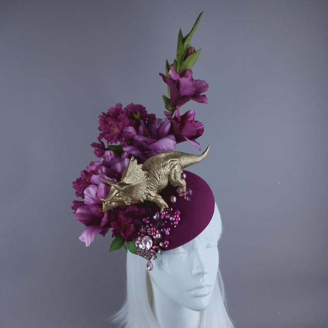 "Trinny" Gold Dinosaur, Pink Flowers & Beads Fascinator Hat