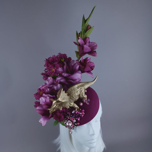"Trinny" Gold Dinosaur, Pink Flowers & Beads Fascinator Hat