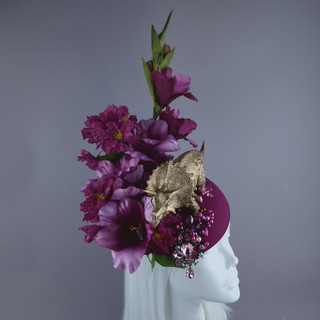 "Trinny" Gold Dinosaur, Pink Flowers & Beads Fascinator Hat