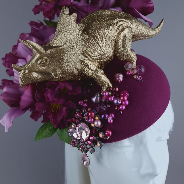 "Trinny" Gold Dinosaur, Pink Flowers & Beads Fascinator Hat