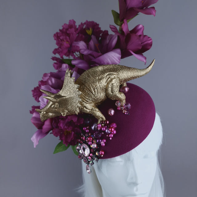 "Trinny" Gold Dinosaur, Pink Flowers & Beads Fascinator Hat