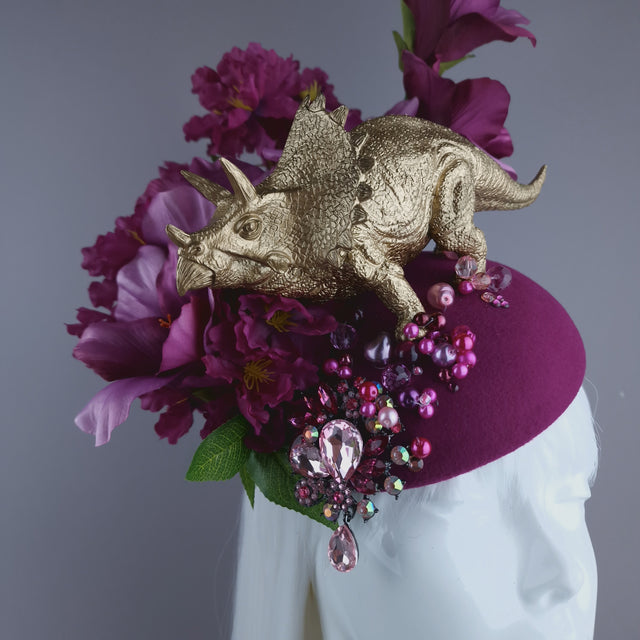 "Trinny" Gold Dinosaur, Pink Flowers & Beads Fascinator Hat
