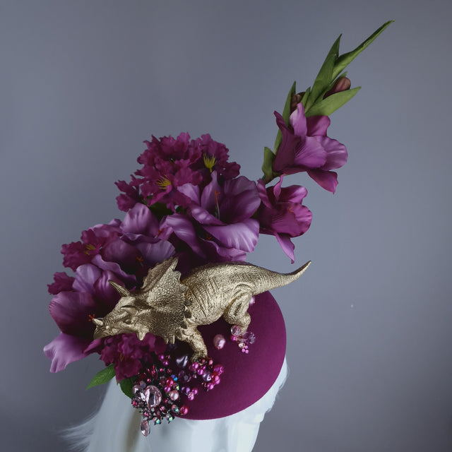 "Trinny" Gold Dinosaur, Pink Flowers & Beads Fascinator Hat