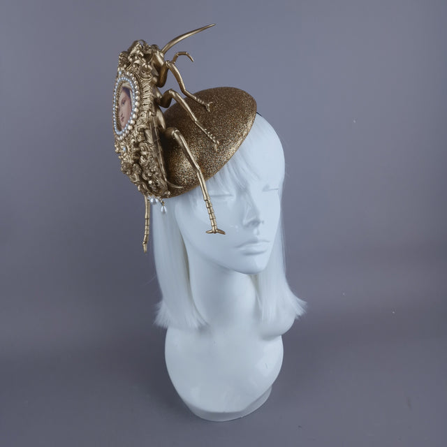 "Worship" Giant Filigree Gold & Pearl Cockroach Fascinator Hat