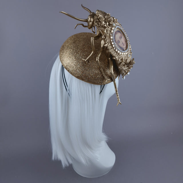 "Worship" Giant Filigree Gold & Pearl Cockroach Fascinator Hat