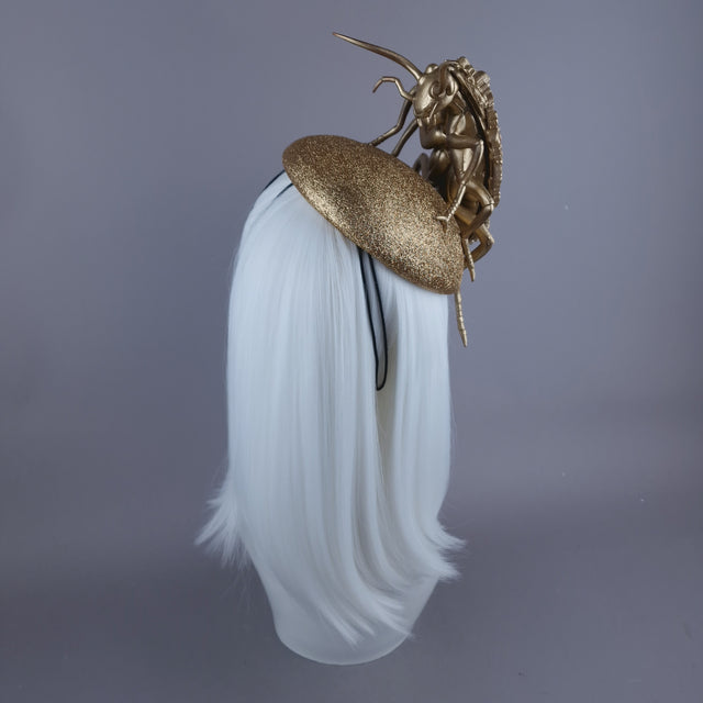 "Worship" Giant Filigree Gold & Pearl Cockroach Fascinator Hat