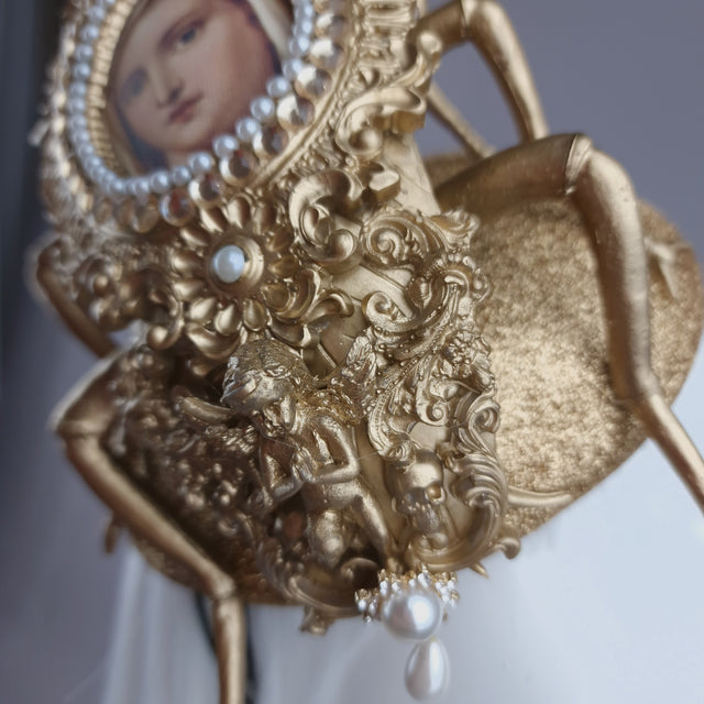 "Worship" Giant Filigree Gold & Pearl Cockroach Fascinator Hat