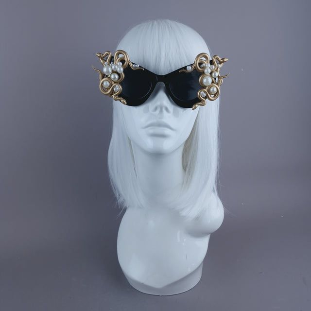 "Medusa" Gold & Pearl Snake Black Sunglasses