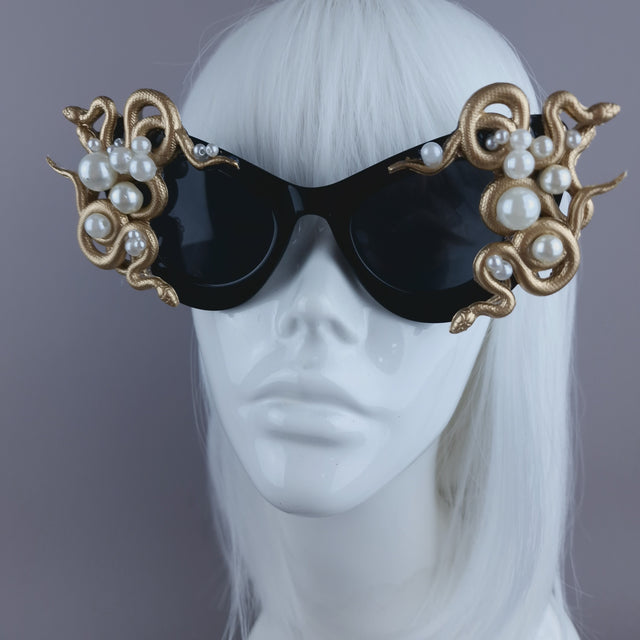 "Medusa" Gold & Pearl Snake Black Sunglasses