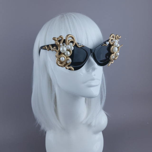 "Medusa" Gold & Pearl Snake Black Sunglasses