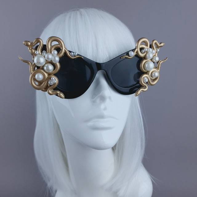 "Medusa" Gold & Pearl Snake Black Sunglasses