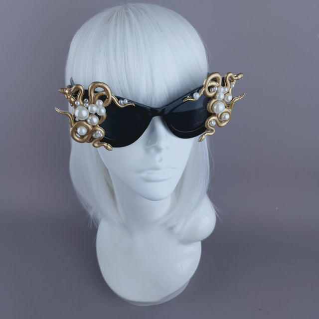 "Medusa" Gold & Pearl Snake Black Sunglasses